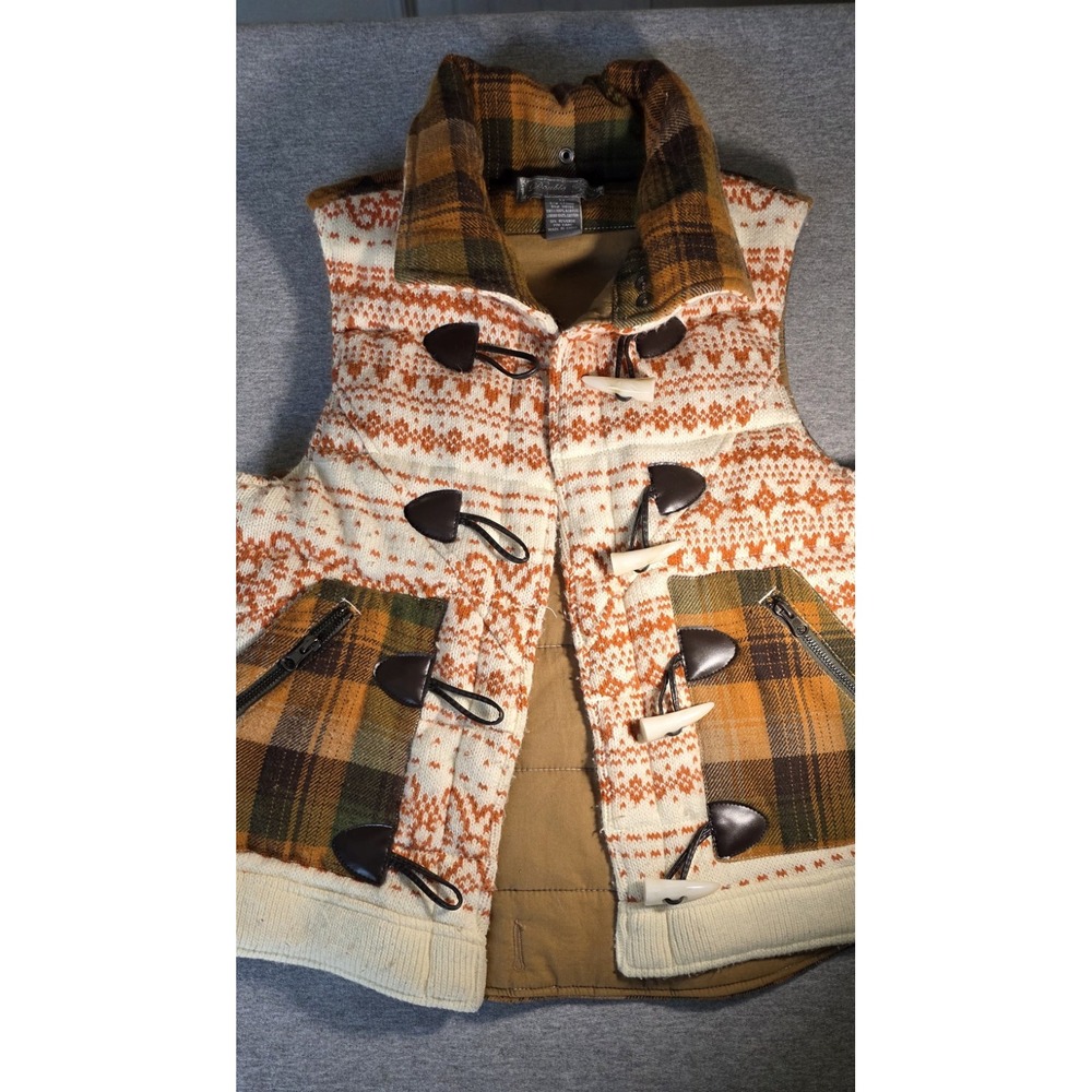 Double Zero Mixed Media Fair Isle Plaid Toggle Vest Orange Green Mens Medium
